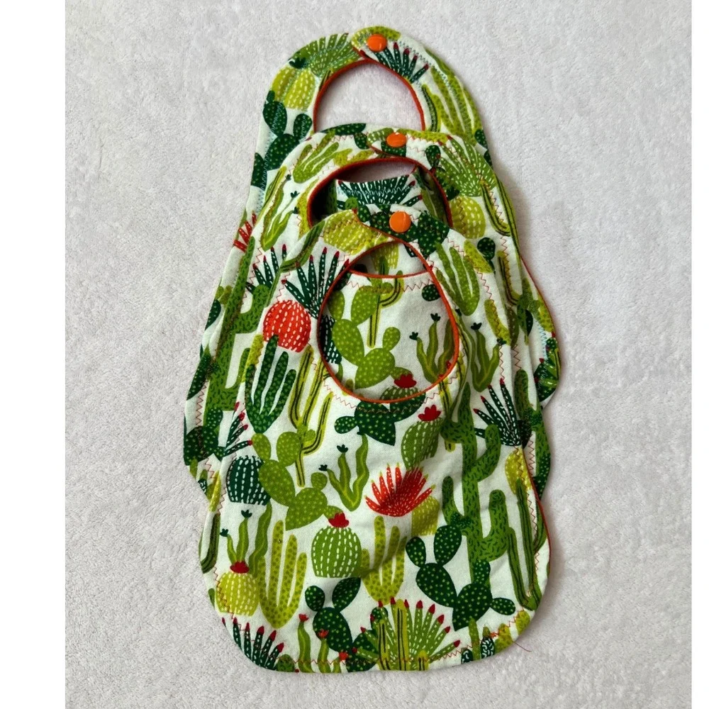 Handmade Baby Bibs Green Orange Cactus Succulent Print Set of 3 OS